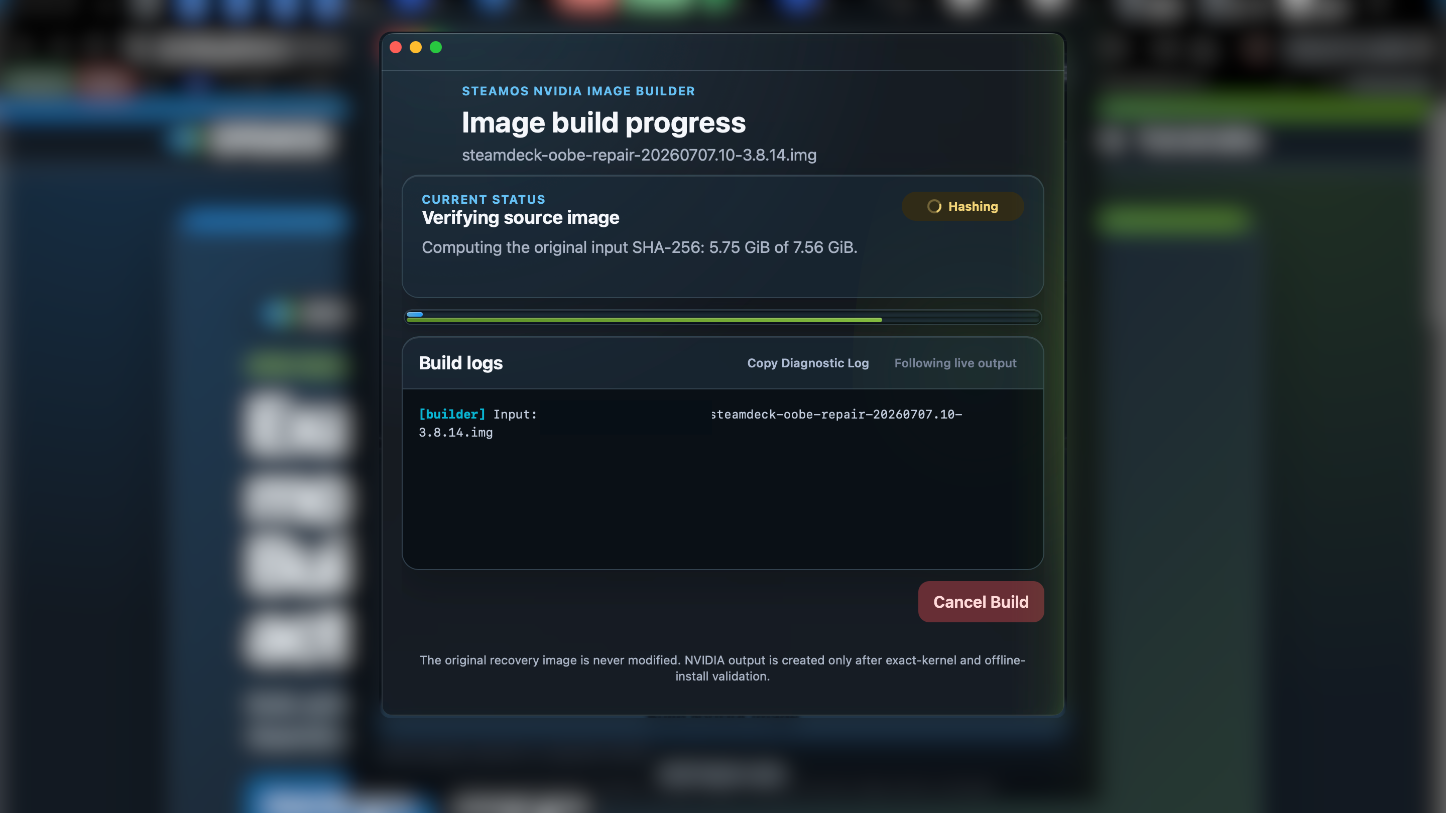 OPEMOS.EXE source verification and build progress window